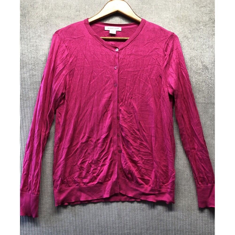 August Silk Cardigan Womens XL Pink Button Front Barbiecore Preppy Feminine Knit